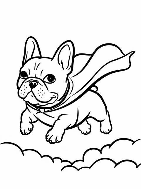 Line art of a french bulldog dressed with a cape, flying through clouds