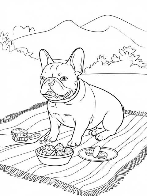 Line art of a french bulldog enjoying a picnic with food and snacks