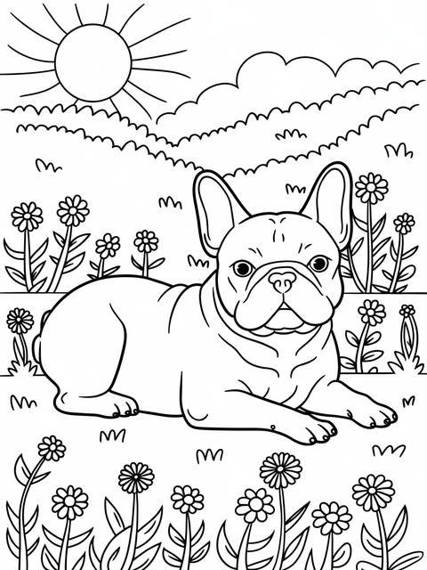 Line drawing of a french bulldog lounging in a field of flowers under the sun