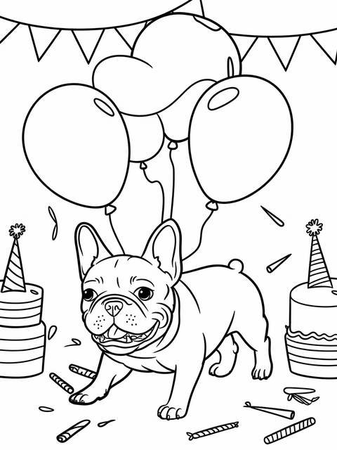 French bulldog playing with balloons and cakes, a coloring page illustration