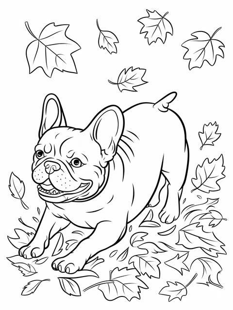 Line art of a french bulldog playing in leaves, from the image's cover