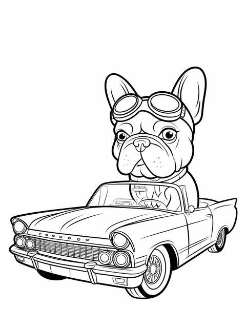 French bulldog wearing goggles driving a classic convertible car, ready for adventure