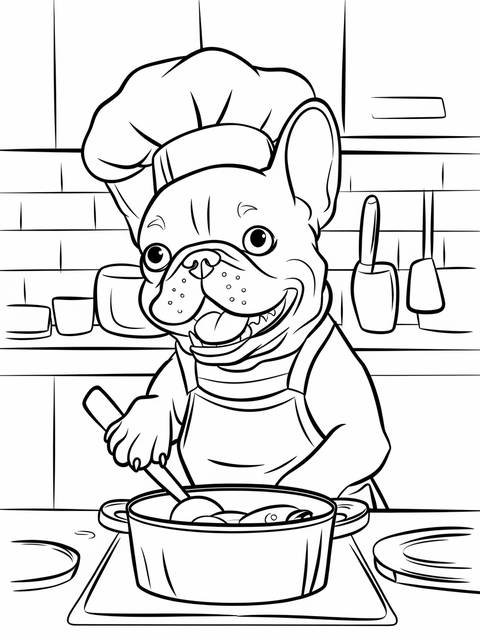 French bulldog chef wearing a chef's hat, cooking in a kitchen setting