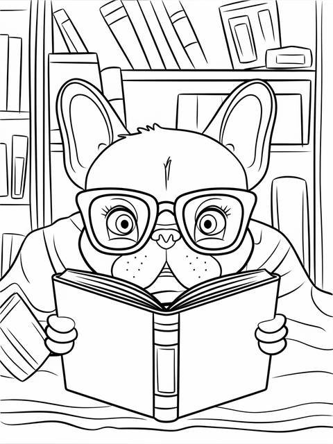 French bulldog wearing glasses reading a book, a coloring page