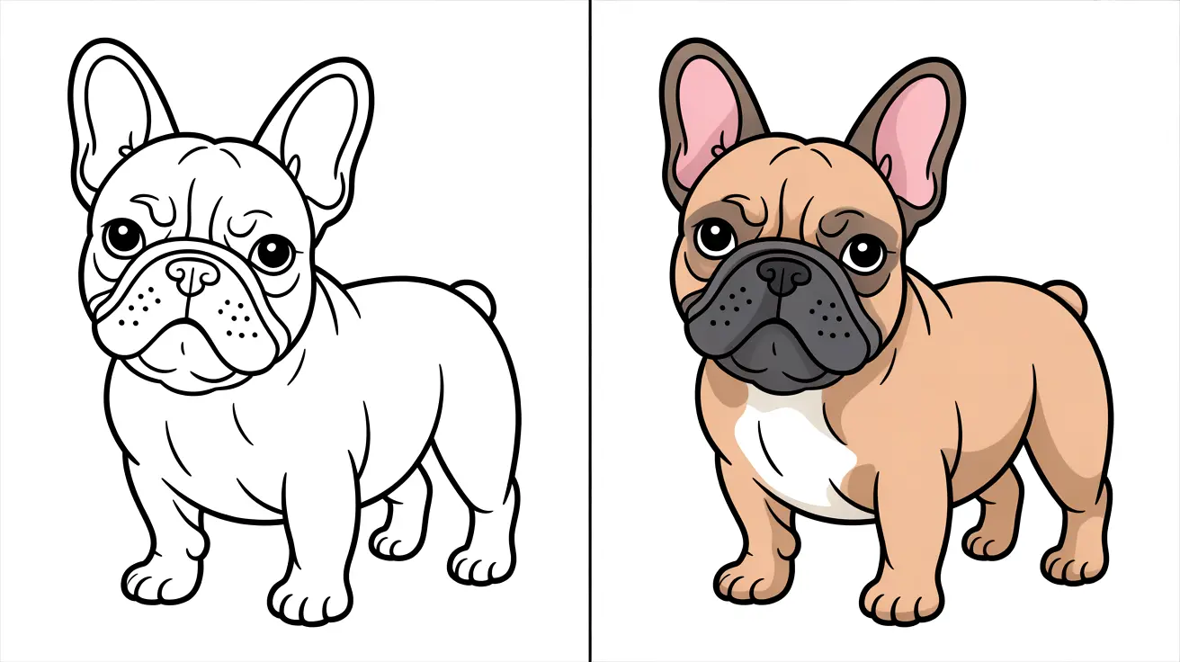 A french bulldog coloring page, featuring a side-by-side comparison of colored and outlined images