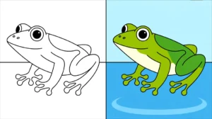 Frog coloring page: a side-by-side comparison of colored and outline frogs