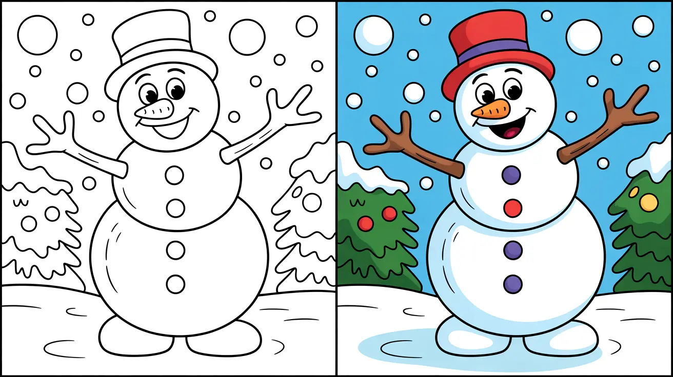 Frosty the snowman coloring page, a cheerful snowman with a red hat and arms outstretched
