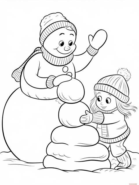 Frosty the snowman with a child building a snowman; winter scene coloring page