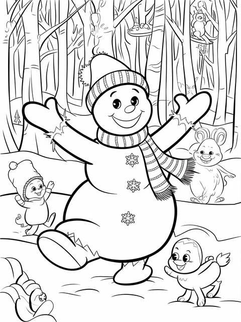 Black and white coloring page of frosty the snowman with friends in a winter scene