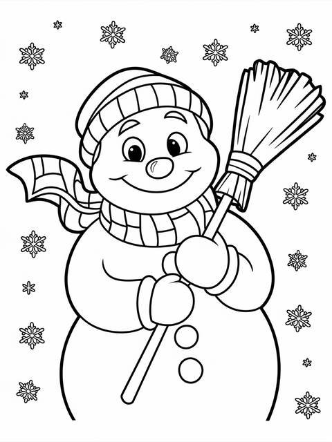 Line art of frosty the snowman with a broom and snowflakes surrounding him