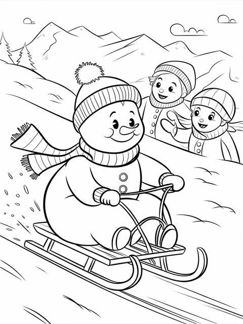 Frosty the snowman sledding down a snowy hill with two children watching