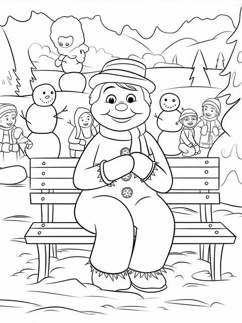 Frosty the snowman coloring page, frosty sitting on a bench with children and snowmen