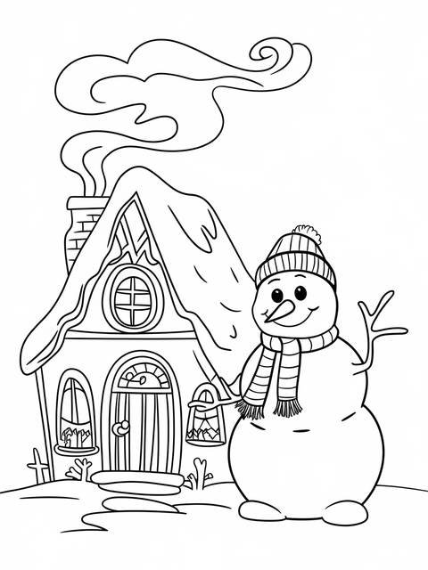 Frosty the snowman coloring page with a house and lantern in winter