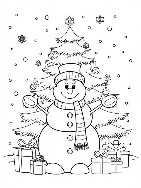 Frosty the snowman coloring page with christmas tree and presents