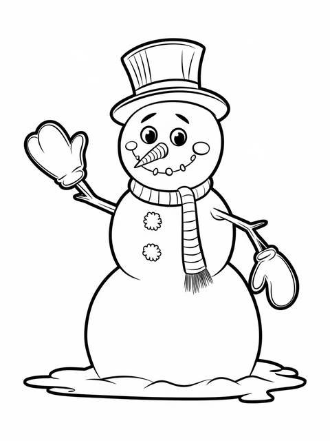 Line art of frosty the snowman, wearing a hat and scarf, waving