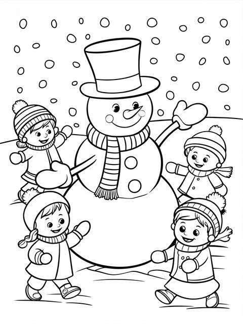 Frosty the snowman with children, enjoying a snowy day, ready for coloring