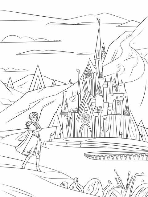 Frozen 2 coloring page: anna in arendelle with the castle in the background