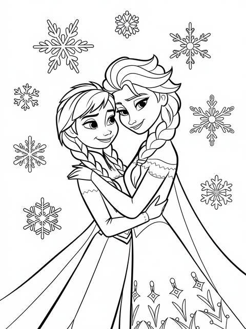 Frozen 2 coloring page: anna and elsa embracing, surrounded by snowflakes