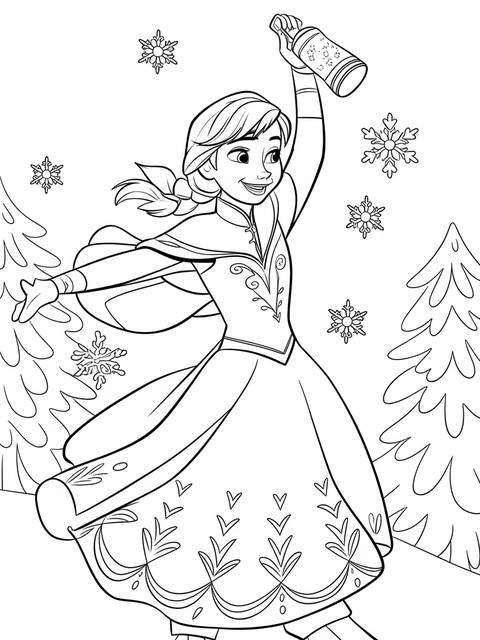 Frozen 2 coloring page: anna joyfully holding a lantern, surrounded by snowflakes