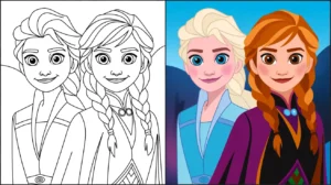 Frozen 2 coloring page featuring elsa and anna, side-by-side, in two panels