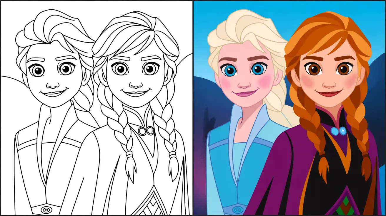 Frozen 2 coloring page featuring elsa and anna, side-by-side, in two panels