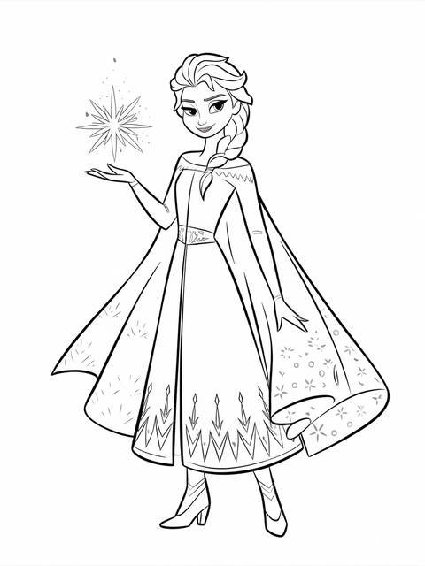 Frozen 2 elsa confidently standing, holding a snowflake, from a coloring page