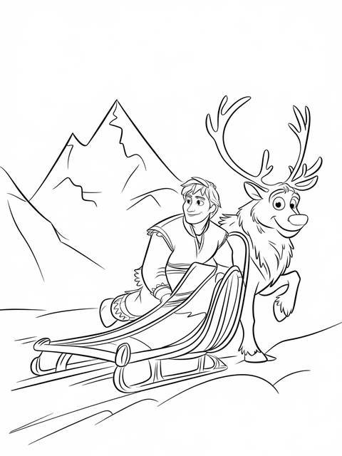 Frozen 2 coloring page: kristoff with his sled and reindeer in a snowy scene