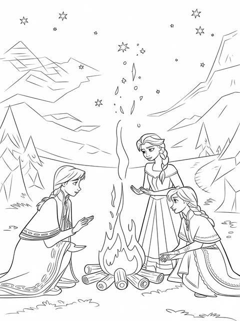 Frozen 2 characters anna, elsa, and another character gathered around a campfire