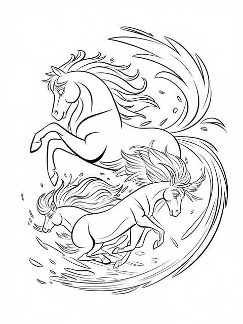 Frozen 2 elemental spirits coloring page featuring three stylized horses in motion