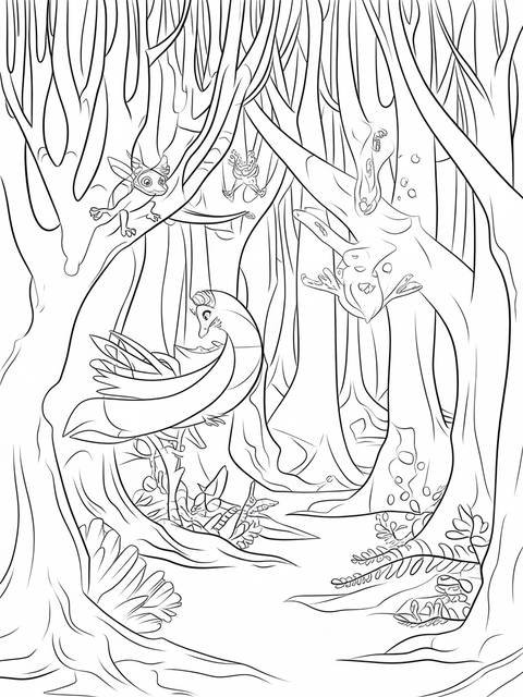 Frozen 2 enchanted forest coloring page featuring mythical creatures and magical elements
