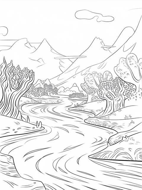 Frozen 2 coloring page of a river flowing through a mountain landscape