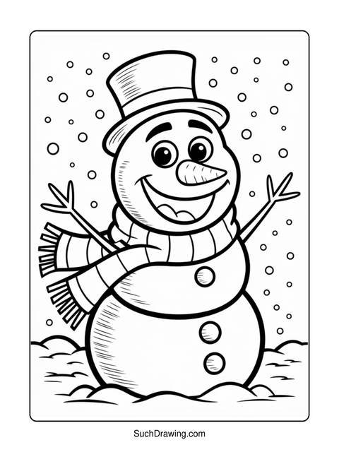 Black and white coloring page of a smiling snowman wearing a top hat