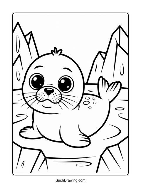 A cute seal coloring page with large eyes and a small tail