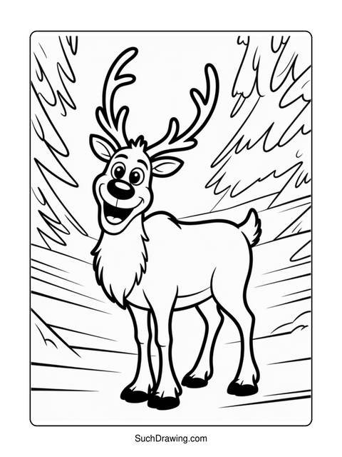 Black and white coloring page of a reindeer with large antlers and a smile
