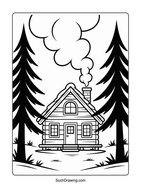Black and white line drawing of a cabin with smoke and pine trees