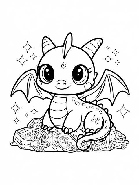 A cute gacha-style dragon with large eyes, wings, and a smile, on a pile