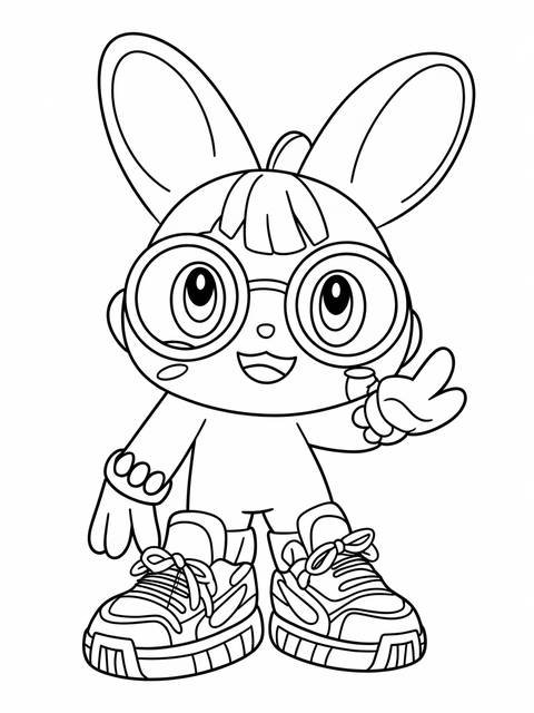 Gacha character coloring page with oversized ears, glasses, and sneakers, offering a peace sign