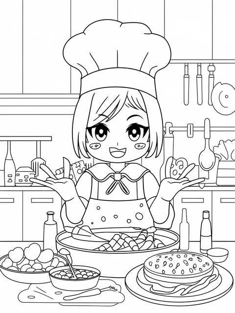 Gacha chef character in a kitchen, preparing food, with a large chef's hat