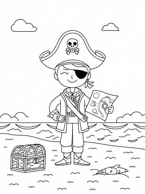 Gacha pirate character with map and treasure chest on a beach coloring page
