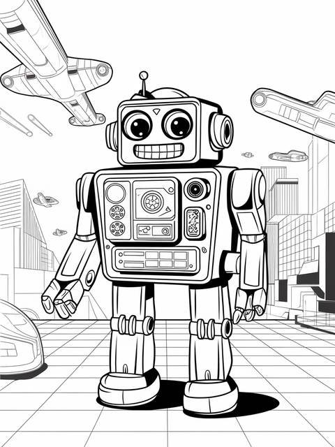 Retro gacha robot with friendly face, surrounded by futuristic vehicles, ready for coloring