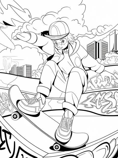 Gacha character skateboarding, trendy look, cityscape background, action pose