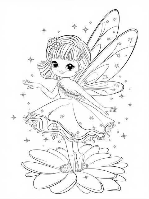 Line art of a gacha fairy with delicate wings standing on a flower