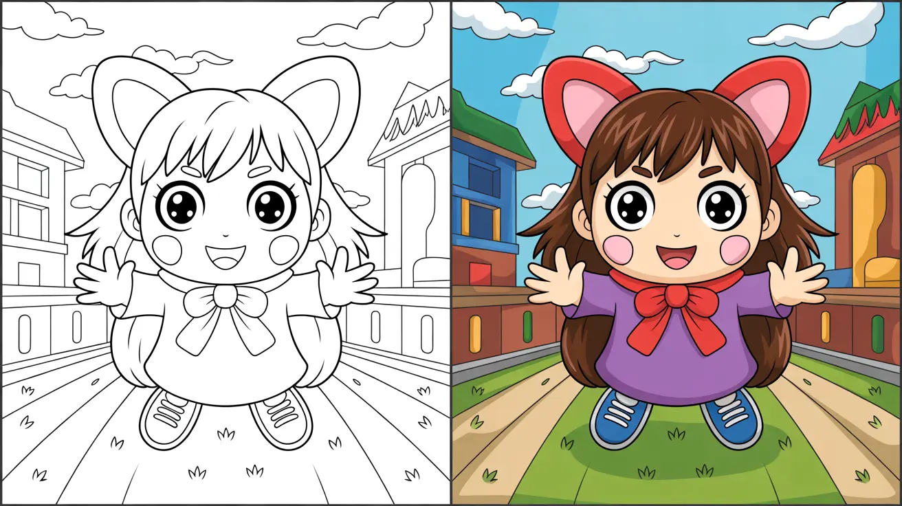 Gacha coloring page: smiling girl with large ears, two-panel image, one colored