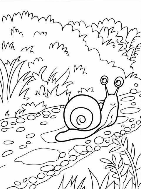 A peaceful snail slowly moving through a garden, cover art for coloring