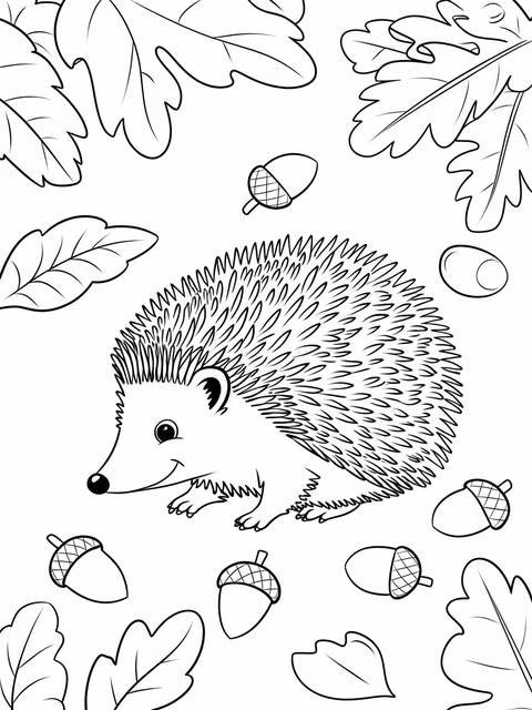 Playful hedgehog in a garden coloring page with acorns and leaves, ready to color