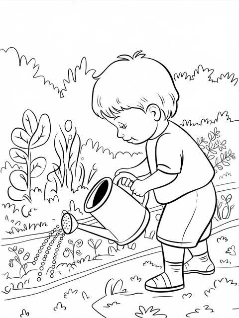 A child using a watering can in a garden, tending to the plants
