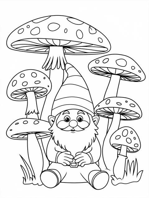 Whimsical garden gnome sitting amongst mushrooms, a coloring page illustration