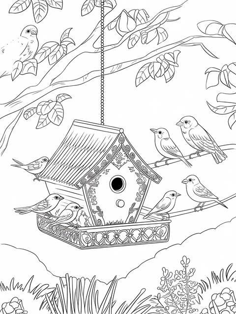Intricate birdhouse hanging in a garden, surrounded by birds perched on branches