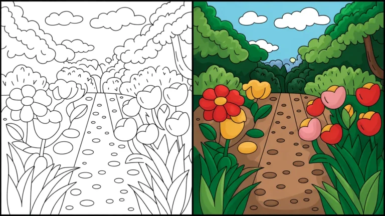 Two-panel garden coloring page with flowers, path, and sky; one colored