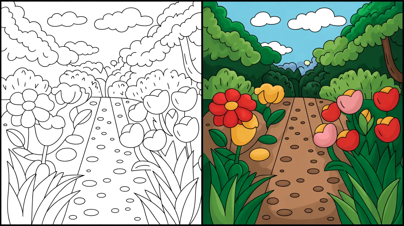 Two-panel garden coloring page with flowers, path, and sky; one colored